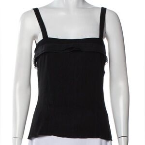 CHANEL Vintage Button-up Black Crepe Classic Square Neck Tank Top Ruffle SZ XS/S